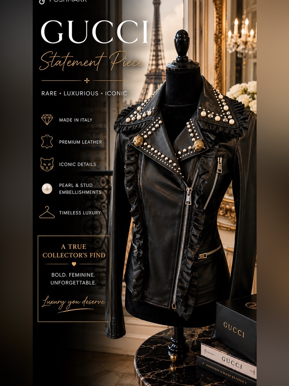 NWT✨ Gucci 2017 Lamb Leather Biker Jacket – Studded & Pearl Detail (IT40 / US 4)